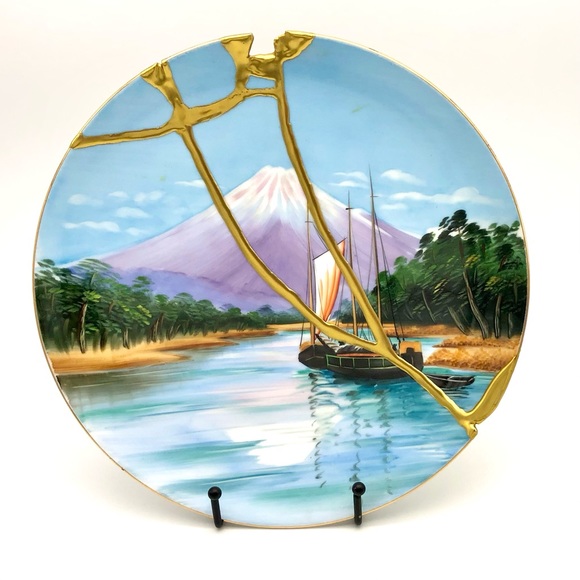Kintsugi Plate Japanese Hand Painted Landscape Sailboat Gold Crack Growth Gift - Picture 4 of 12
